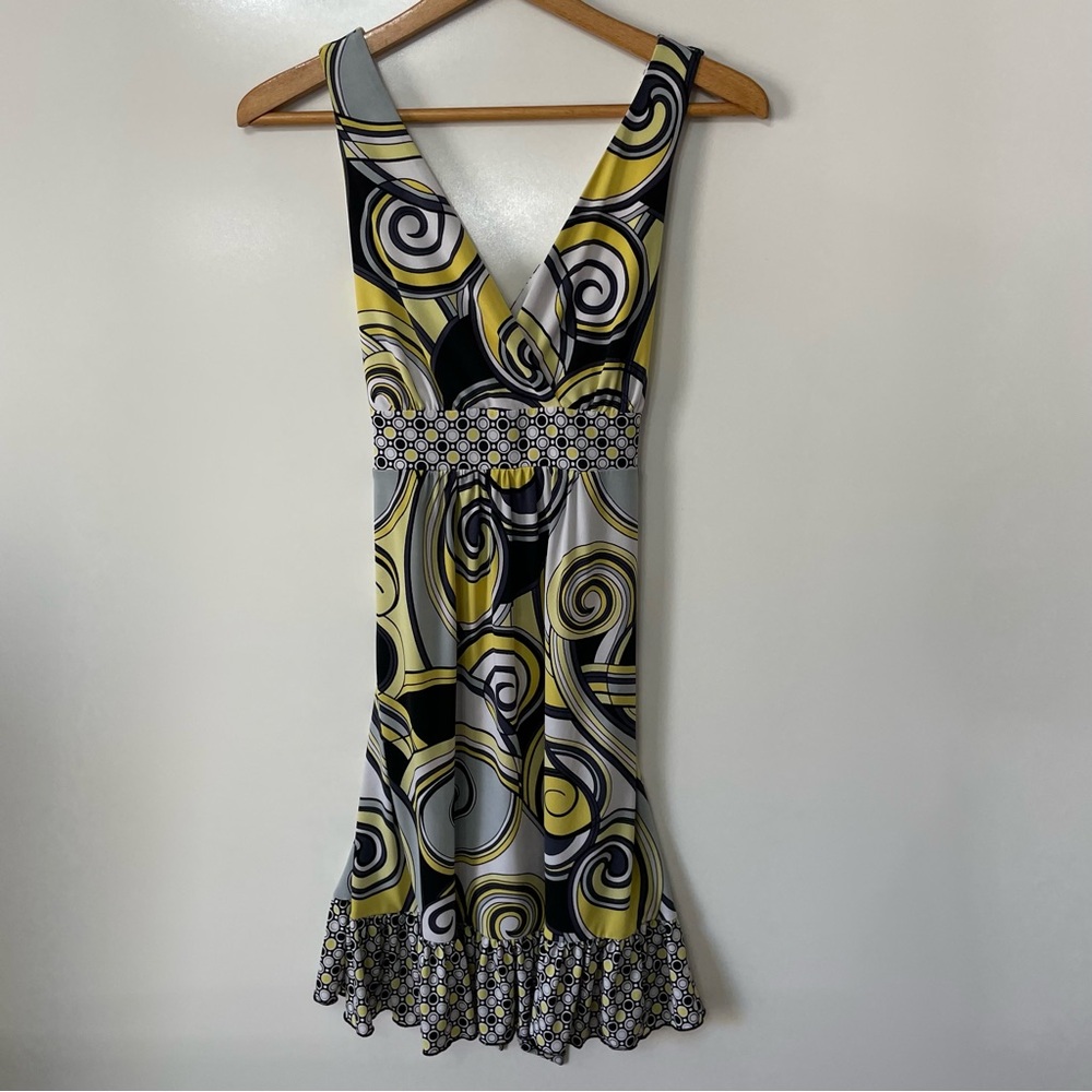 Tempted Hearts Flowy Swirl V-Neck Dress Yellow Black White Womens L Boho Hippie